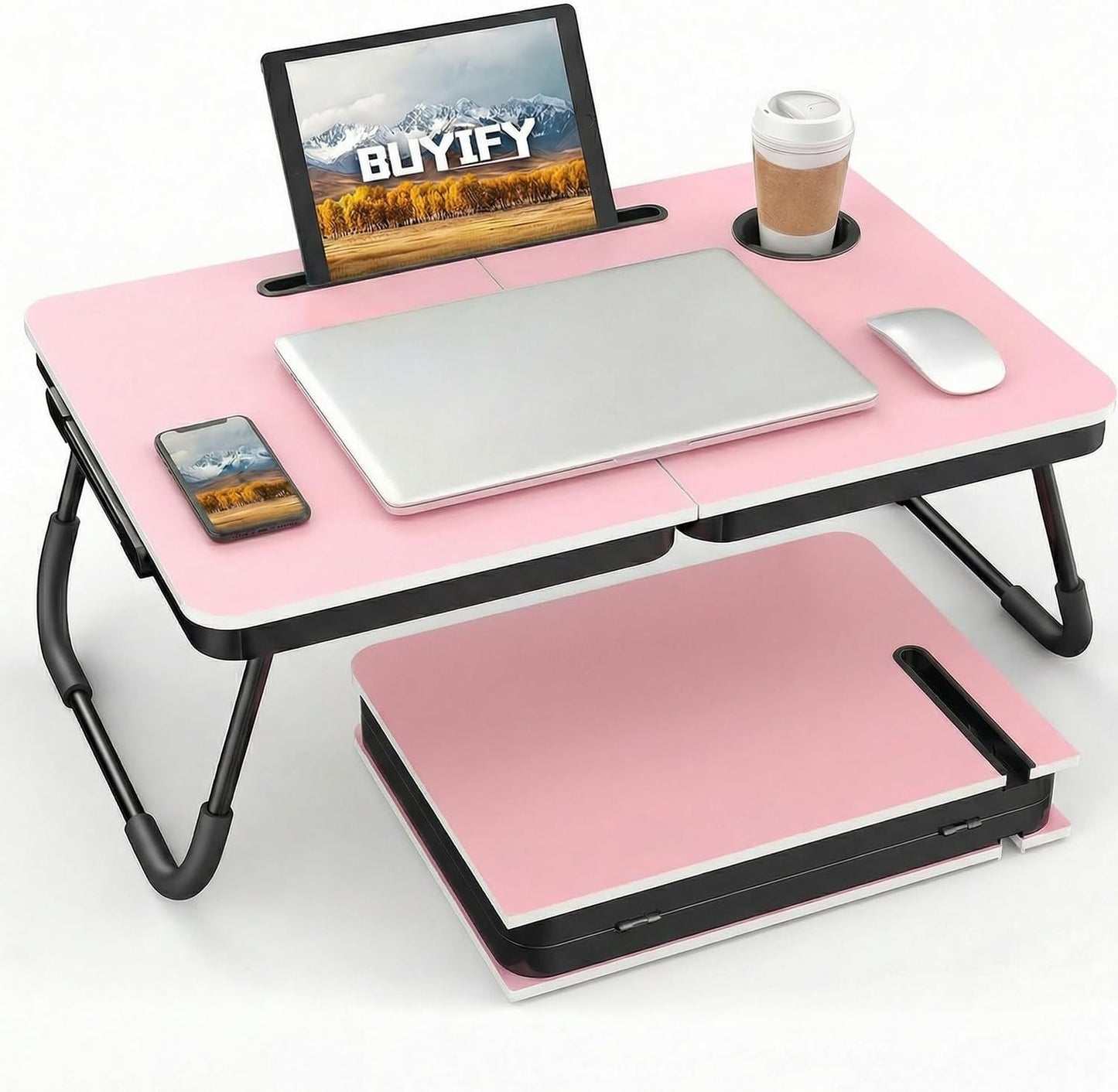 BUYIFY Foldable Laptop Bed Desk for Couch, Sofa - Large Lap Desk Tray Table with Cup Holder and Tablet Slot - Portable Notebook Stand for Eating, Writing, Studying and WFH -NEW-006