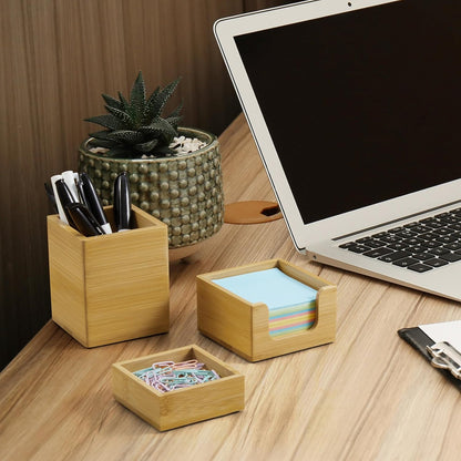 Desk Organizer Set of 3 - Bamboo Office Desk Accessories - Desk Organizers and Accessories for Women Men - Set incl. Pencil Pen Holder, Paperclip Storage and Sticky Note Holder