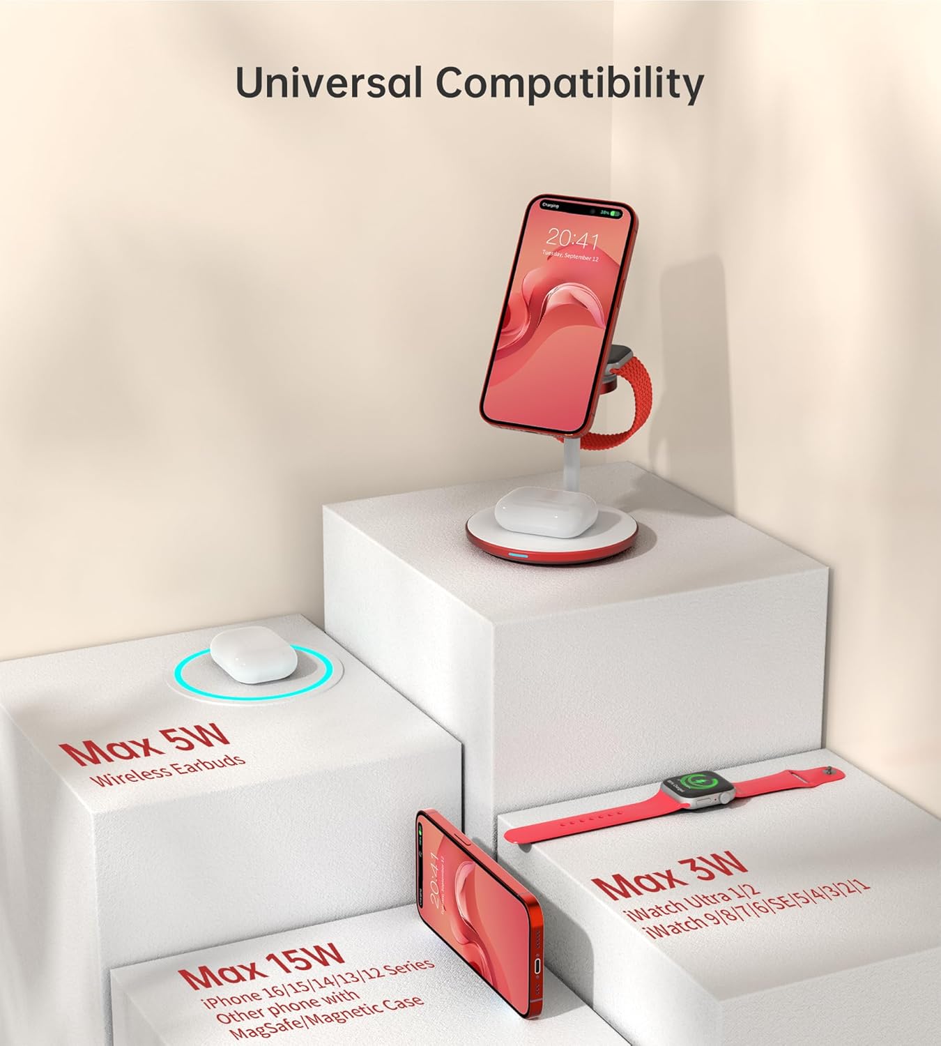 XooFly 3 in 1 Wireless Charging Station for Apple Devices, Fast Wireless Mag-Safe Charger Stand with 20W Adapter for iPhone 17 16 15 14 13 12 Pro Max/Air/Plus/Pro,iWatch,AirPods-Gift for Wife&Husband