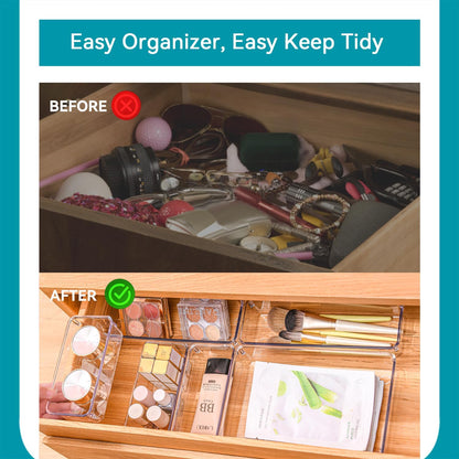 Voova 6 Pack Plastic Drawer Organizers Set,3-Size Kitchen and Office Desk Drawer Organizer Trays, Acrylic Non Slip Storage Bin Divider for Makeup,Jewelry,Gadgets Utensils,Bedroom,Bathroom Vanity,Clear