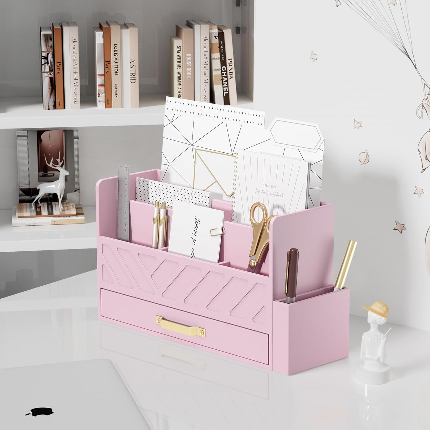 WISUCART Bamboo Desk Organizer Mail Holder Countertop Wood Desk Drawer Tabletop Storage Box Pen Holder Letter Sorter Makeup Organizer for School Home Office Supplies with Pen Holder White