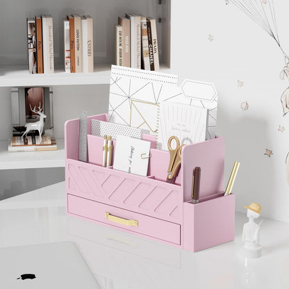 WISUCART Bamboo Desk Organizer Mail Holder Countertop Wood Desk Drawer Tabletop Storage Box Pen Holder Letter Sorter Makeup Organizer for School Home Office Supplies with Pen Holder White