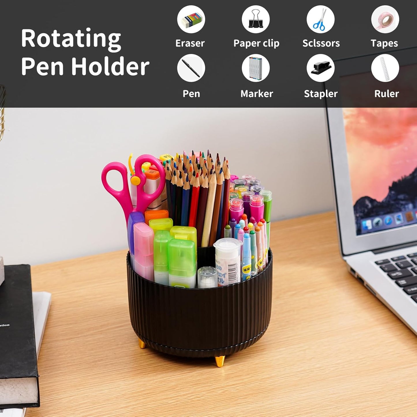 Marbrasse Desk Organizer, 360-Degree Rotating Pen Holder, Desk Organizers and Accessories with 5 Compartments Pencil Holder, Art Supply Storage Box Caddy for Office, Home（White）