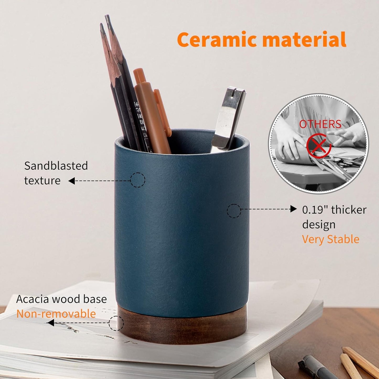 Pen Holder for Desk, Ceramic Pencil Organizer & Makeup Brush Holder, Office Decor and Desk Accessories，Perfect Office Organization,Teacher Supplies (White, Set / 1)