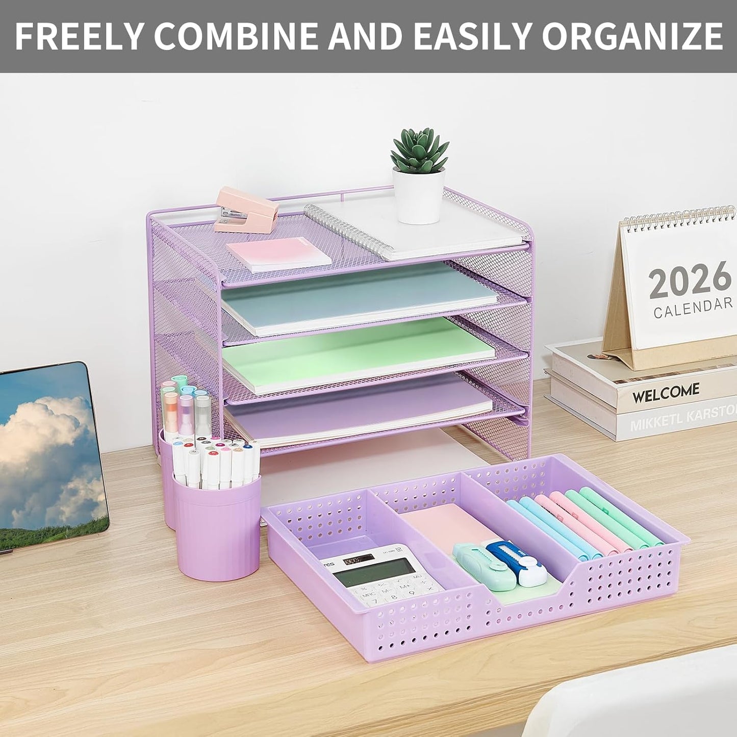 LEKETREE Desk Organizers and Accessories, 5-Tier Paper Letter Tray Organizer with File Holder, Desktop Organizer for Office Supplies (Black)