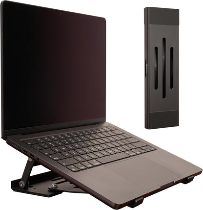 Aluminum Fold & Laptop Riser Stand 3-in-1 Adjustable, Foldable Cooling Stand with Integrated Storage Box, Ruler and Ultra-Slim Portable Design for MacBook, Tablet, Ipad, Keyboard and All Laptop