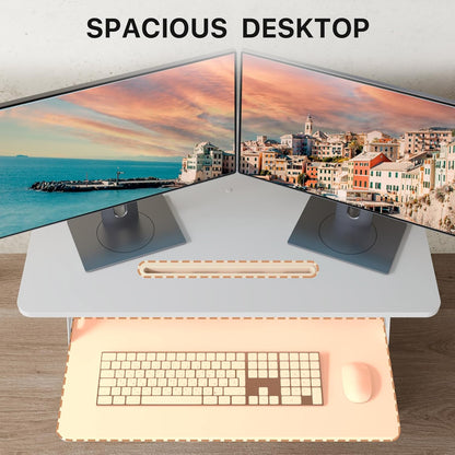 JOY worker Standing Desk Converter, 32" Wide Height Adjustable Sit Stand Up Desk Riser with Keyboard Tray, Desktop Workstation Riser for Home Office Computer Laptop, Particle Board, White