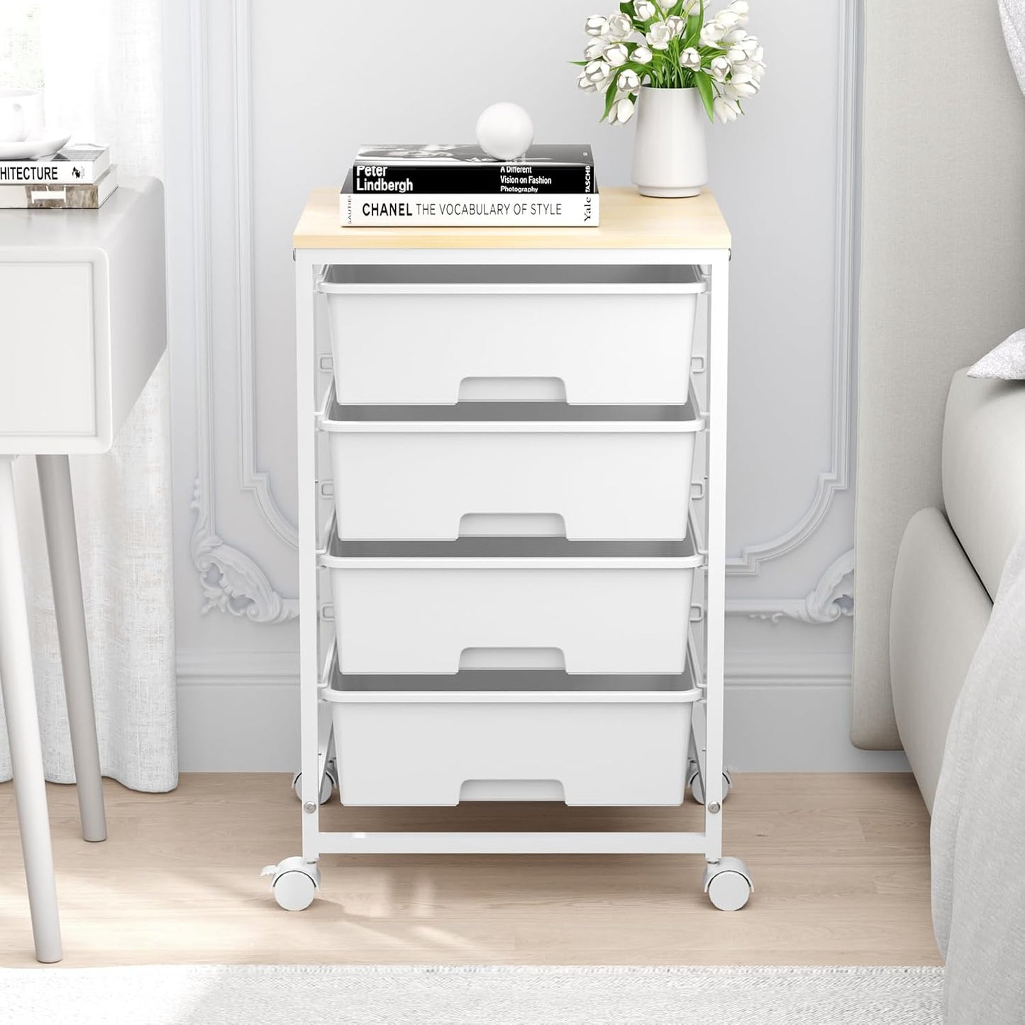SYKIARIOL Utility Cart with 4 Drawers, Multipurpose Rolling Storage Cart with 4 Drawers and 2 Lockable Wheels, 4-Tier Rolling Storage Cart Organizer for Home Office Dorm, Bright White