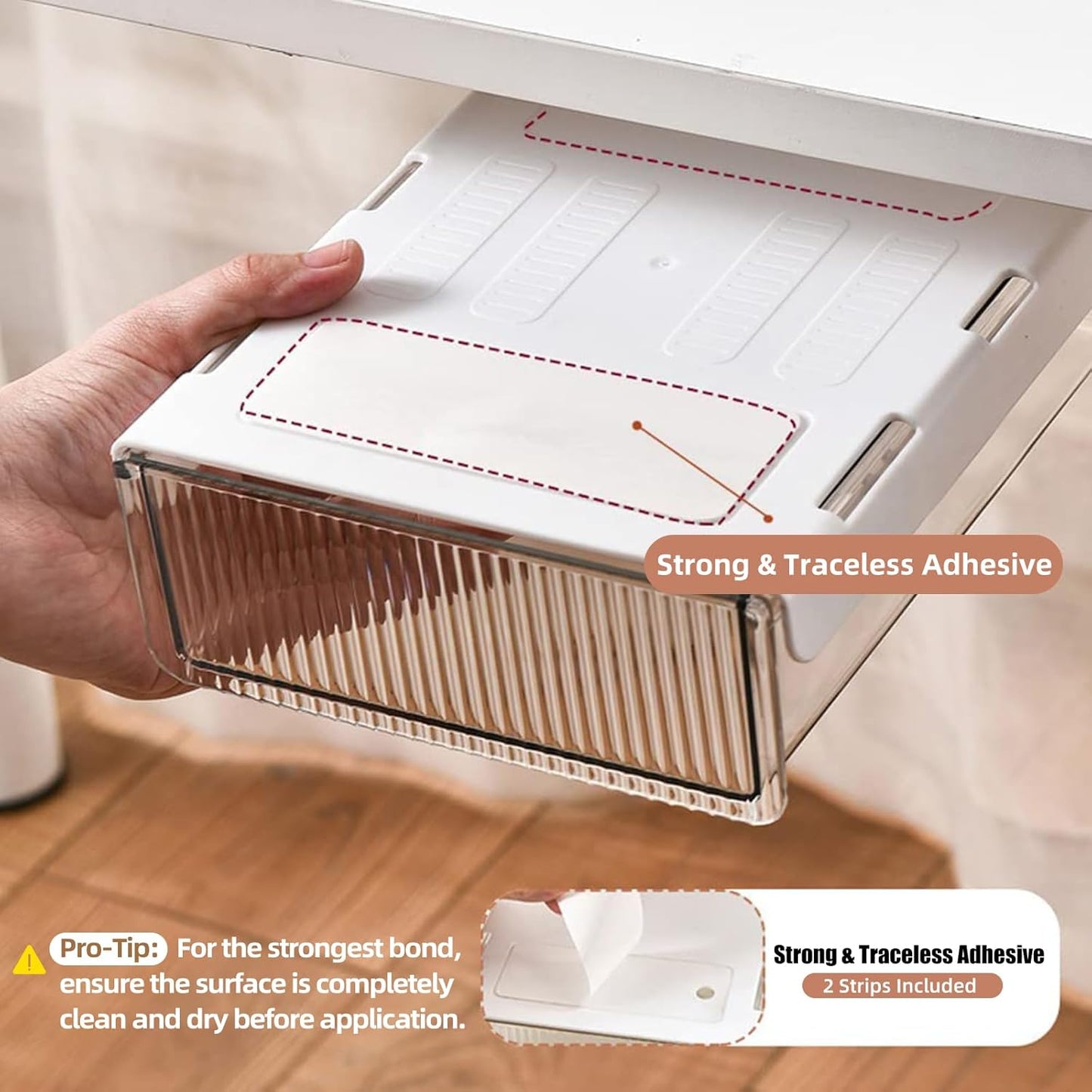 2Pcs Under Desk Storage Drawers Slide Out,Large&Medium, Stick On Desk Drawer Organizer Hidden Under Table Drawer for Home Office School Organization and Storage-Transparent Black