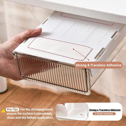 2Pcs Under Desk Storage Drawers Slide Out,Large&Medium, Stick On Desk Drawer Organizer Hidden Under Table Drawer for Home Office School Organization and Storage-Transparent Black