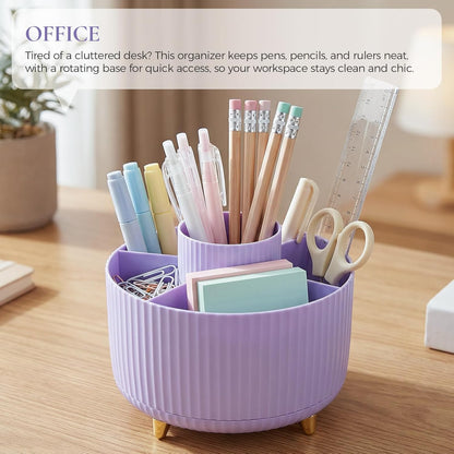 KONVINIT Pencil Pen Holder for Desk, 5 Slots 360 - Degree Rotating Desktop Organizer, Cute Desk Organizers and Accessories for School, Home, Office and Art Supply, Beige