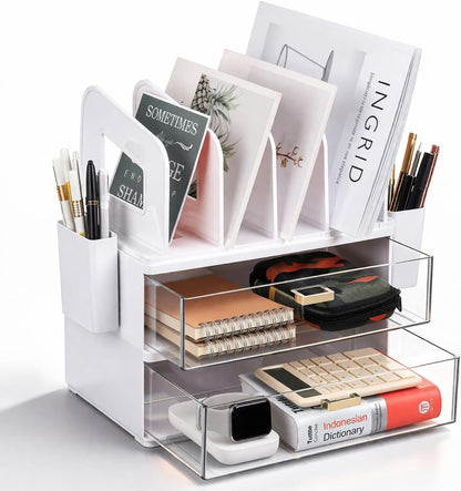 LALOBLUE Acrylic Desk Organizer with Drawer and Vertical File Holder, Desk Organizers and Accessories, Multi-Functional Office Supplies Organizer for Home or Work Desk, White