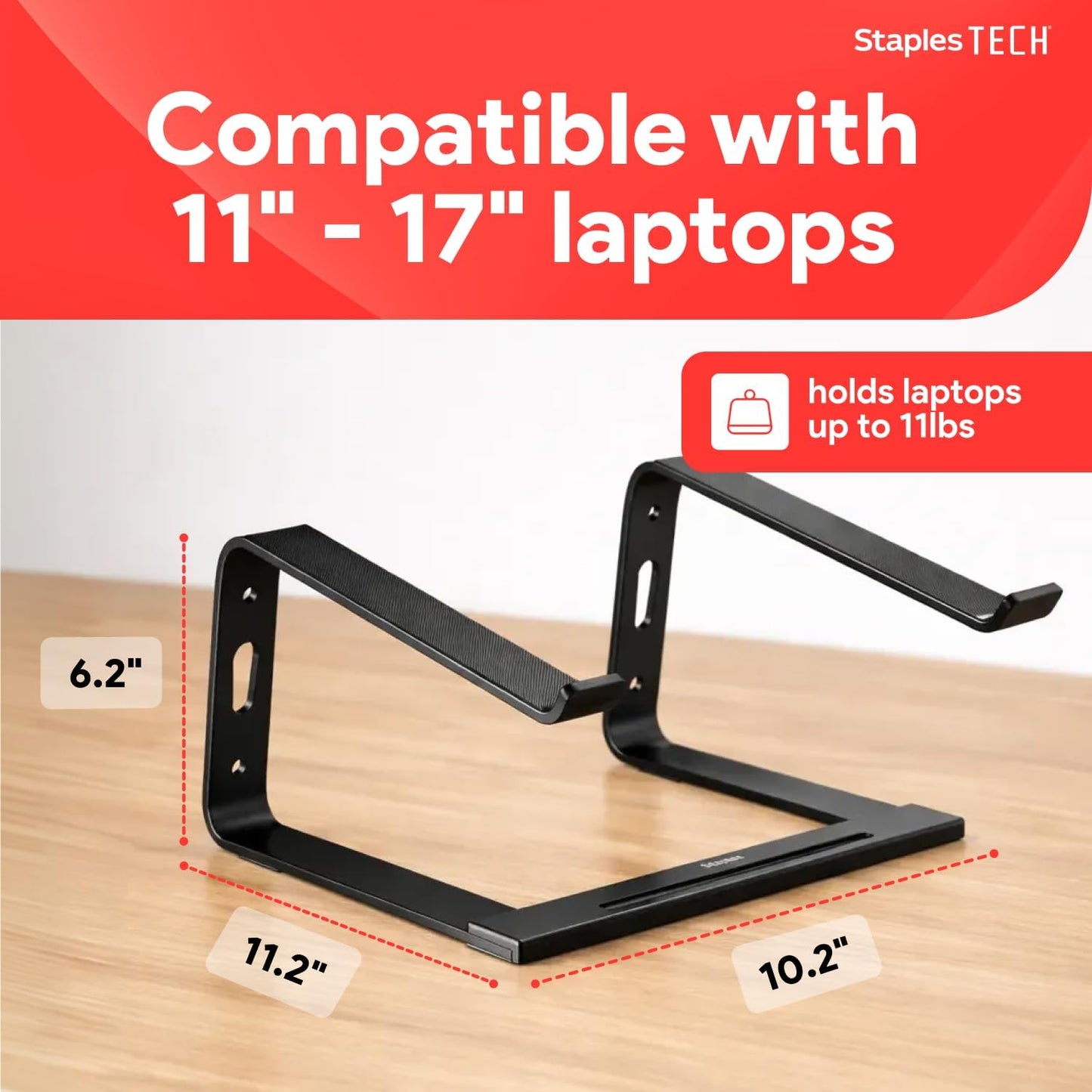 Staples TECH Aluminum Laptop Stand, Black, 11.2” x 10.2”, Ergonomic Cooling Riser for Notebook/MacBook/PC
