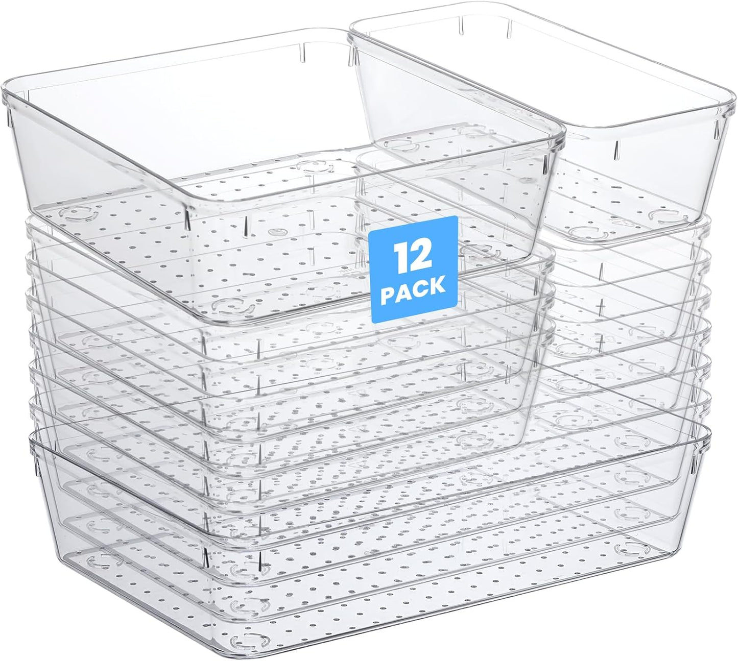 12 Pack Drawer Organizer - 3 Sizes, Clear Plastic Kitchen Drawer Organizers Set, Versatile Bathroom and Vanity Organizer Trays,Storage Bins for Makeup, Bathroom, Jewelries and Office