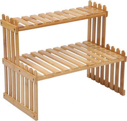 GURECOD 14.6"/18.5" 2 Tiers Bamboo Plant Stand Shelf,Desk Flower Pot Holder,Adjustable Desktop Shelf Display Organizer Ladder Rack for Office Decorate Storage Rack,Kitchen Rack (14.6" Length)