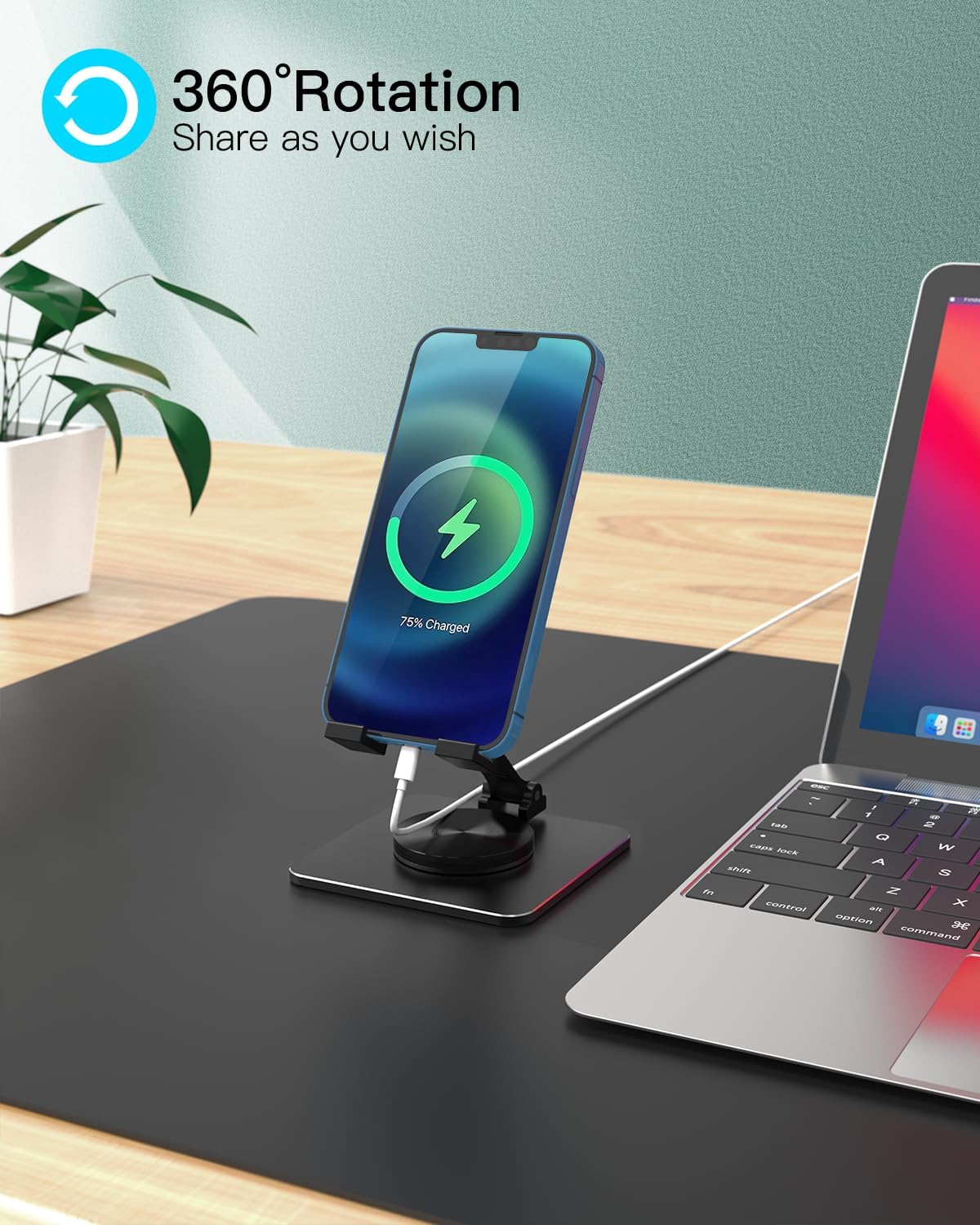 Cell Phone & Tablet Stand for Desk, Aluminum Adjustable Holder for iPhone, iPad & Smartphones || Foldable Mount with 360° Swivel, Stable Base & Portable Design for 4–9.7in Devices, Purple