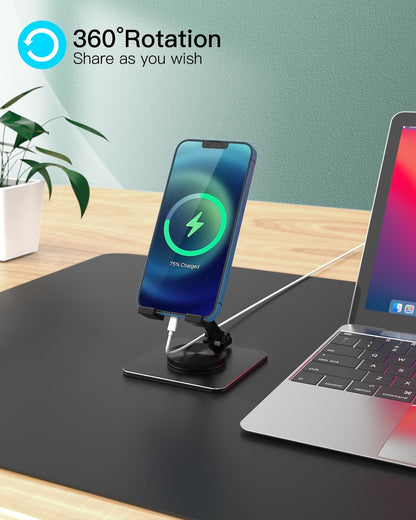 Cell Phone & Tablet Stand for Desk, Aluminum Adjustable Holder for iPhone, iPad & Smartphones || Foldable Mount with 360° Swivel, Stable Base & Portable Design for 4–9.7in Devices, Purple