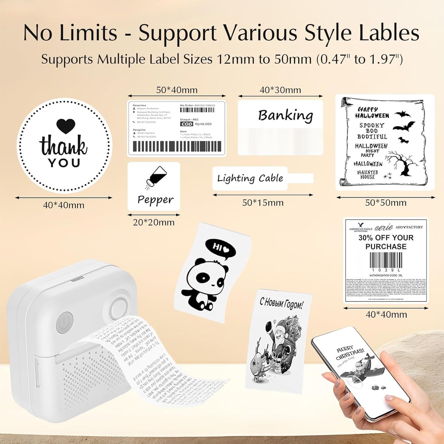 Wireless Portable Thermal Label Printer, Bluetooth Label Maker Machine with 2 Lable Rolls, Sticker Maker Supports 12-50mm Lables, Pro-App with Multi Templates and Icons, High-Definition Clarit