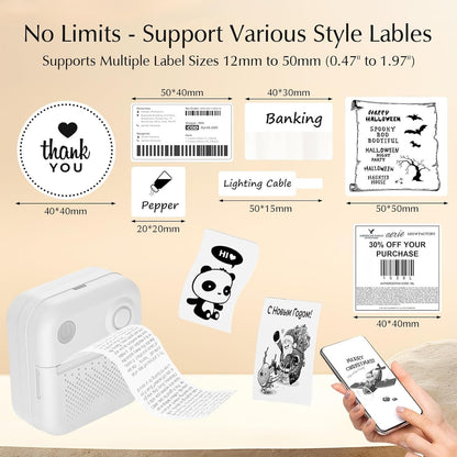 Wireless Portable Thermal Label Printer, Bluetooth Label Maker Machine with 2 Lable Rolls, Sticker Maker Supports 12-50mm Lables, Pro-App with Multi Templates and Icons, High-Definition Clarit