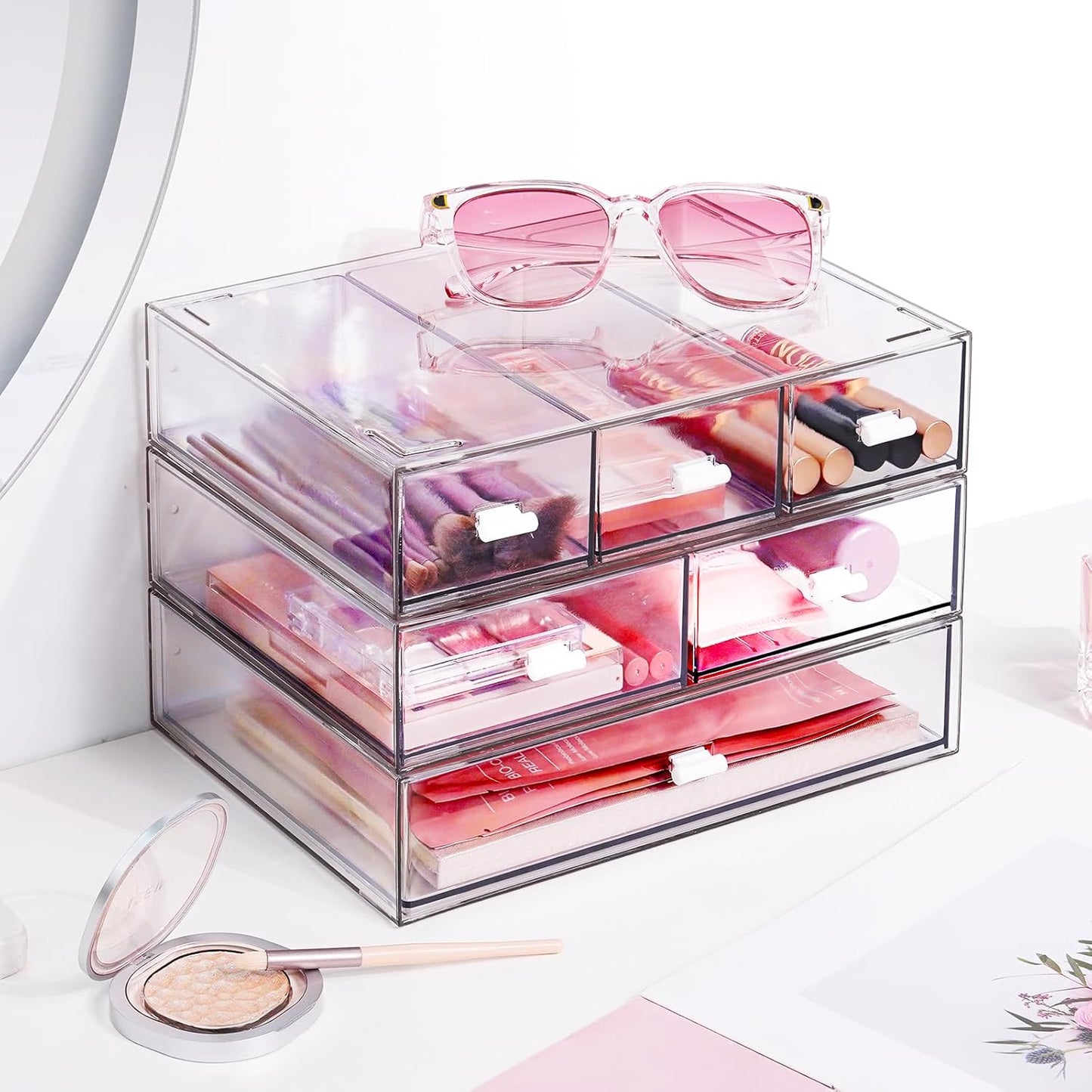 3 Tier Stackable Desk Organizer with 6 Drawers, YOCOMEY Plastic Desktop Storage Box Drawers, Detachable Makeup Storage Office Stationery Supplies Organizer for Office School(Clear)