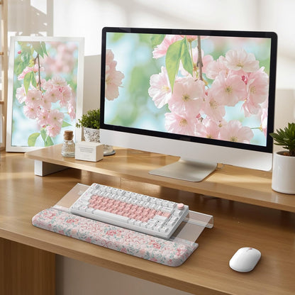 2 in 1 Keyboard Stand for Desktop, Floral Wrist Support for Keyboards, Anti-Fatigue Memory Foam Wrist Rest for Computer, 3-Angle Adjustable Keyboard Riser for Office Home (Pink Bow)