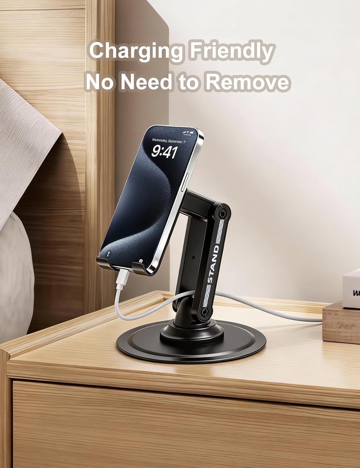 Phone Stand for Desk, Adjustable Dual-Axis 360° Rotating Sturdy Cell Phone Holder, Anti-Loose Maintainable Design, Compatible with iPhone Android Smartphones