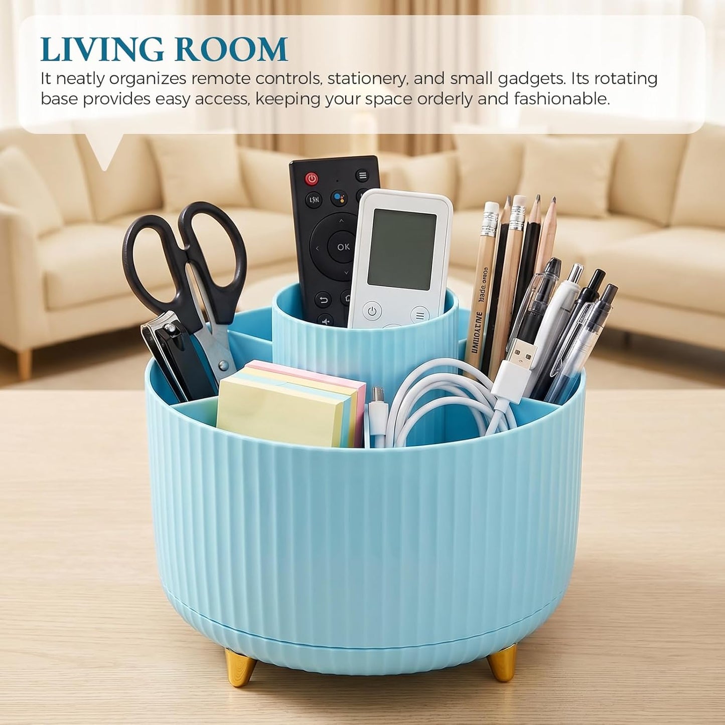 KONVINIT Pencil Pen Holder for Desk, 5 Slots 360 - Degree Rotating Desktop Organizer, Cute Desk Organizers and Accessories for School, Home, Office and Art Supply, Beige