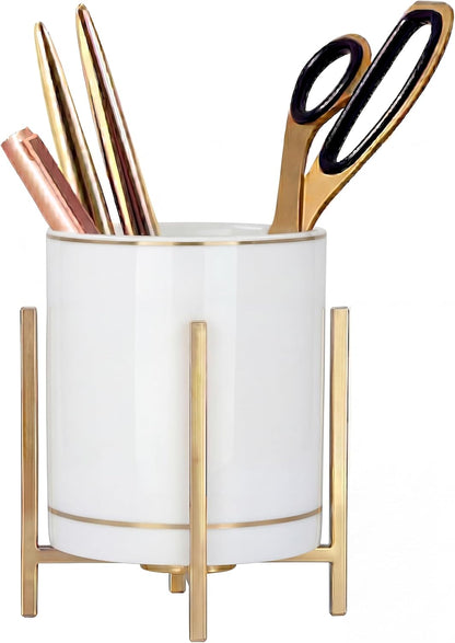 4.72" Gold Pen Holder Aesthetic Pencil Holder for Desk, Gold Desk Organizers and Accessories for Women Girls, Ceramic Pen Holder for Office