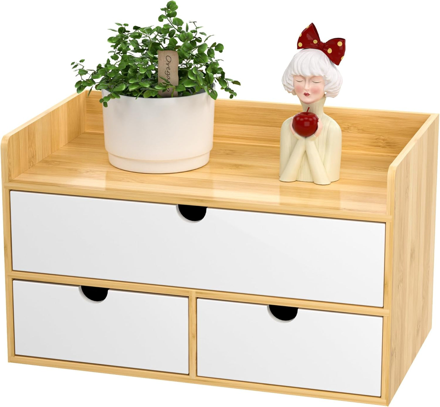 Desk Organizer with Drawers - Bamboo Desktop Organizer Storage | Wood Desk Drawers Organizer for Bills, Office Supplies, Cosmetics, Seals No Assembly Required (3 Drawer with Big Drawer)
