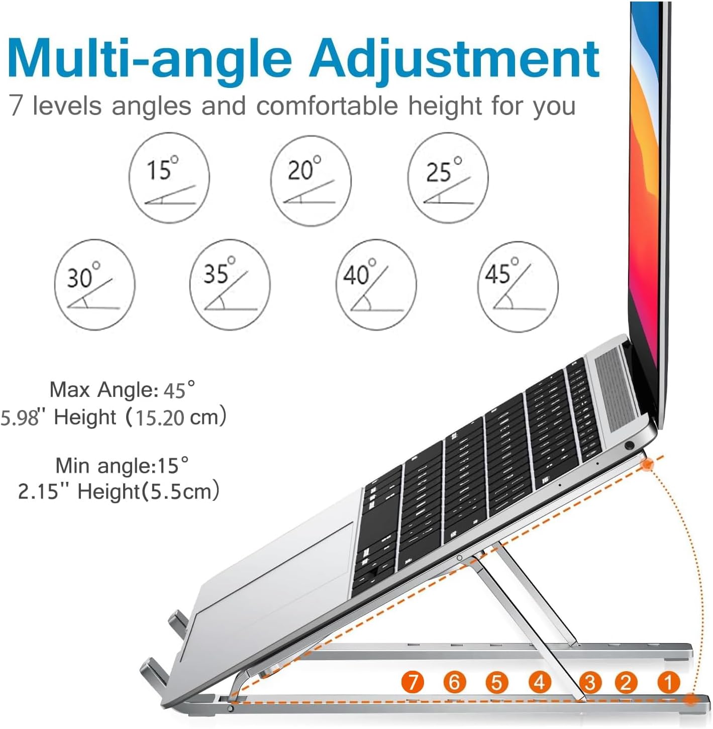 Ergonomic 7-Levels Angles Adjustable Laptop Stand, Portable Laptop Stand for Desk, Aluminum + Silicone Foldable Ventilated Cooling Laptop Riser for 10-17” Laptops, Tablets (Silver)
