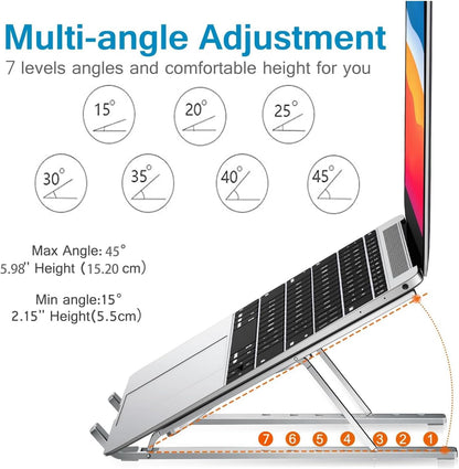 Ergonomic 7-Levels Angles Adjustable Laptop Stand, Portable Laptop Stand for Desk, Aluminum + Silicone Foldable Ventilated Cooling Laptop Riser for 10-17” Laptops, Tablets (Silver)