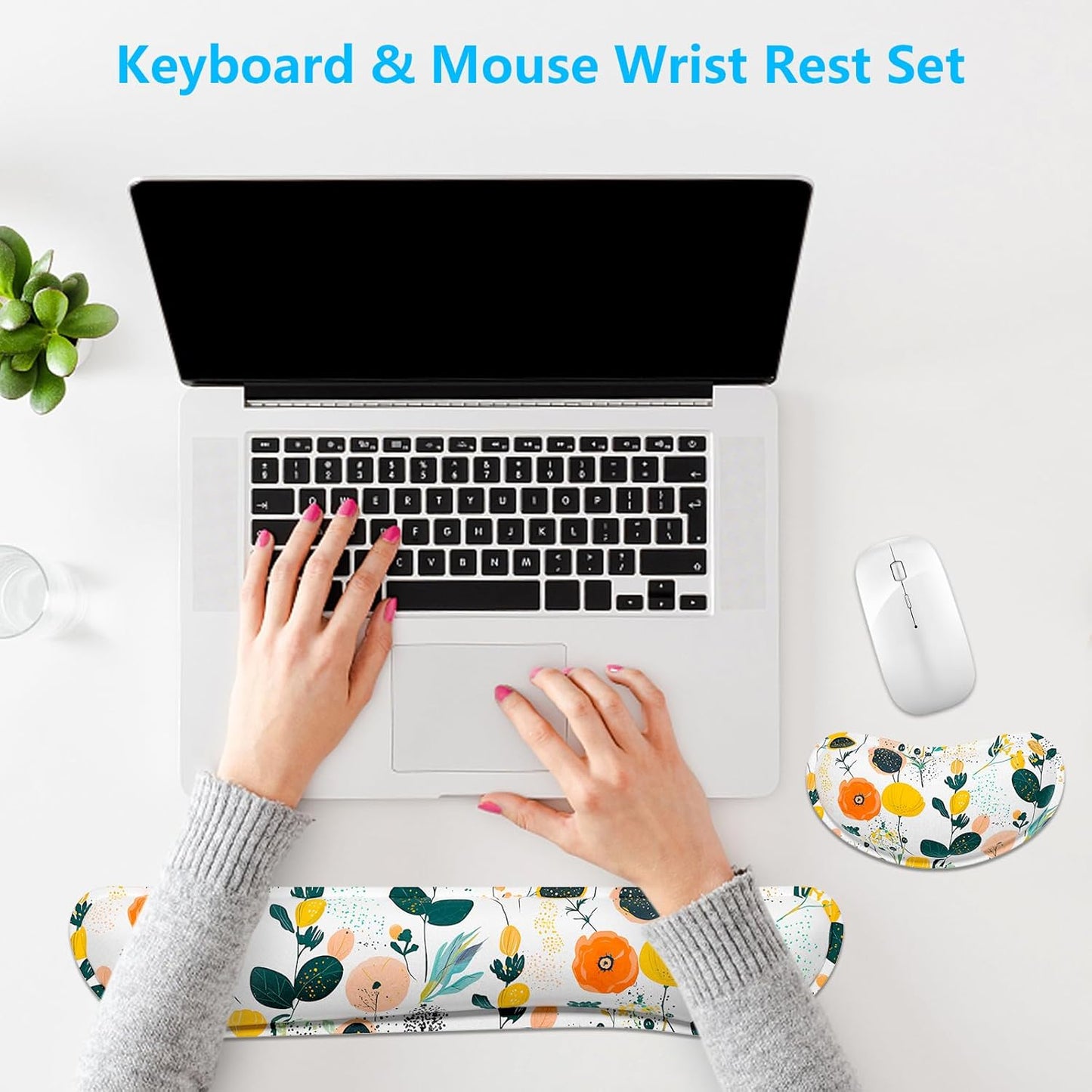 Dapesuom Enlarge Keyboard Wrist Rest, Memory Foam Wrist Cushion for Desk Mats Support, Cute Pain Relief Keyboard Mouse Pad Rests Set with Non-Slip Base for Gaming Laptop Office Computer, Green Leaf
