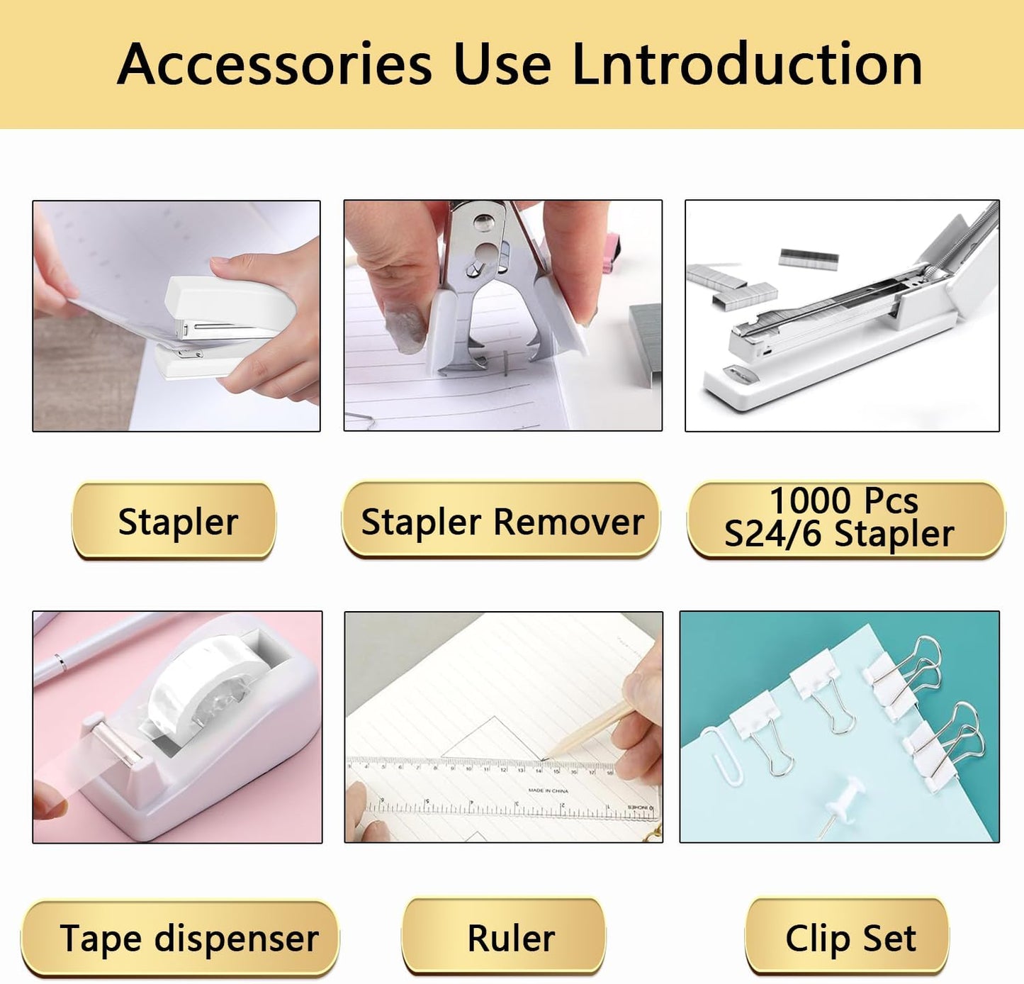 suniya Office Supplies,Gold Desk Accessories,with Stapler,Tape Dispenser,Pen Holder,Scissors,Phone Stand,Staple Remover,Ballpoint Pen,Clear Tape, Staples,Ruler,Clips,Best Gift for Business or Boss