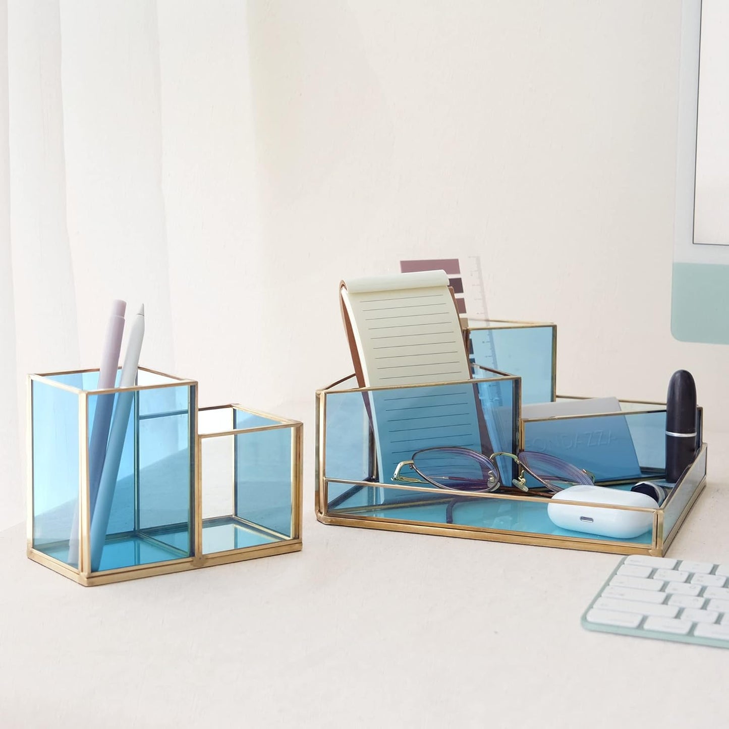 FONDAZZA Gold & Blue Glass Desk Organizer - Elegant Office Decor, Aesthetic Makeup Brush Holder, 2-Compartment Pen Holder, Pencil Cup, Vanity & Cosmetic Storage, Desk Accessories for Women