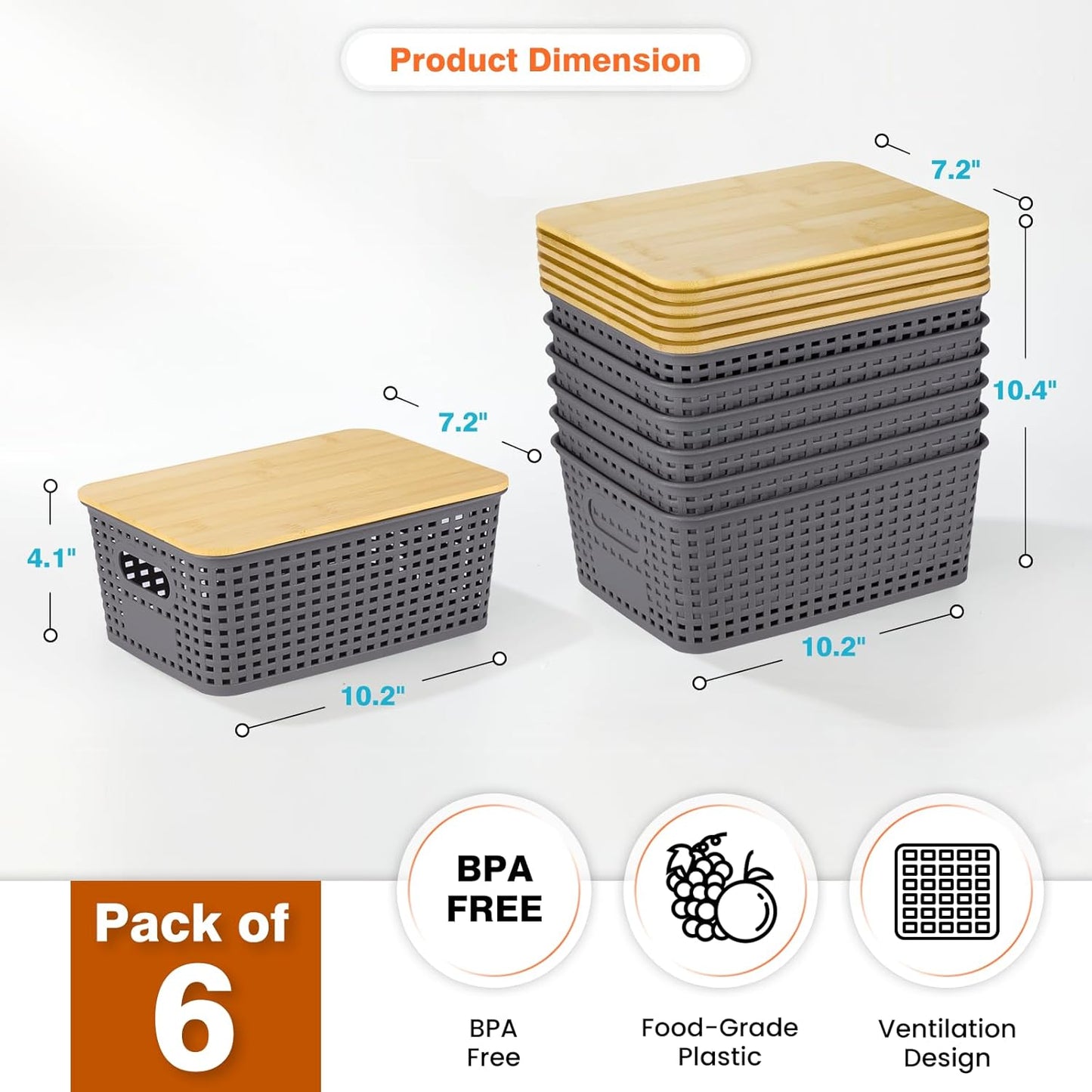 Ohmlove Plastic Storage Baskets With Bamboo Lid - Plastic Storage Containers Stackable Storage bins: Storage Baskets for Organizing Shelves Drawers Desktop Closet Playroom Classroom Office, 6 Pack