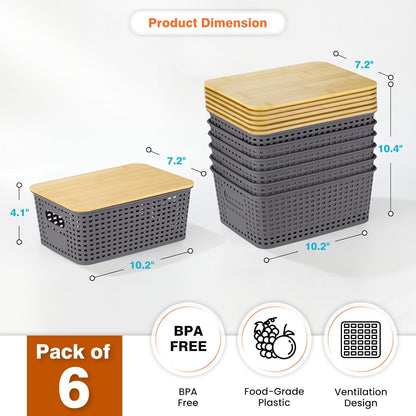 Ohmlove Plastic Storage Baskets With Bamboo Lid - Plastic Storage Containers Stackable Storage bins: Storage Baskets for Organizing Shelves Drawers Desktop Closet Playroom Classroom Office, 6 Pack