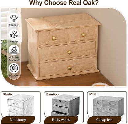 Oak Desk Organizer with Drawers, Durable Wooden Desktop Storage Box with Metal Handles & Non-Slip Silicone Pads, 4 Drawer Tabletop Organizer for Office, Bedroom, Bathroom, Vanity, and Makeup – Walnut