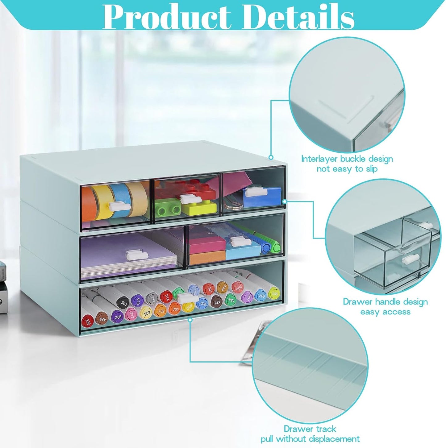 3 Tier Stackable Desk Organizer with 6 Drawers, YOCOMEY Plastic Desktop Storage Box Drawers, Detachable Makeup Storage Office Stationery Supplies Organizer for Office School(Clear)