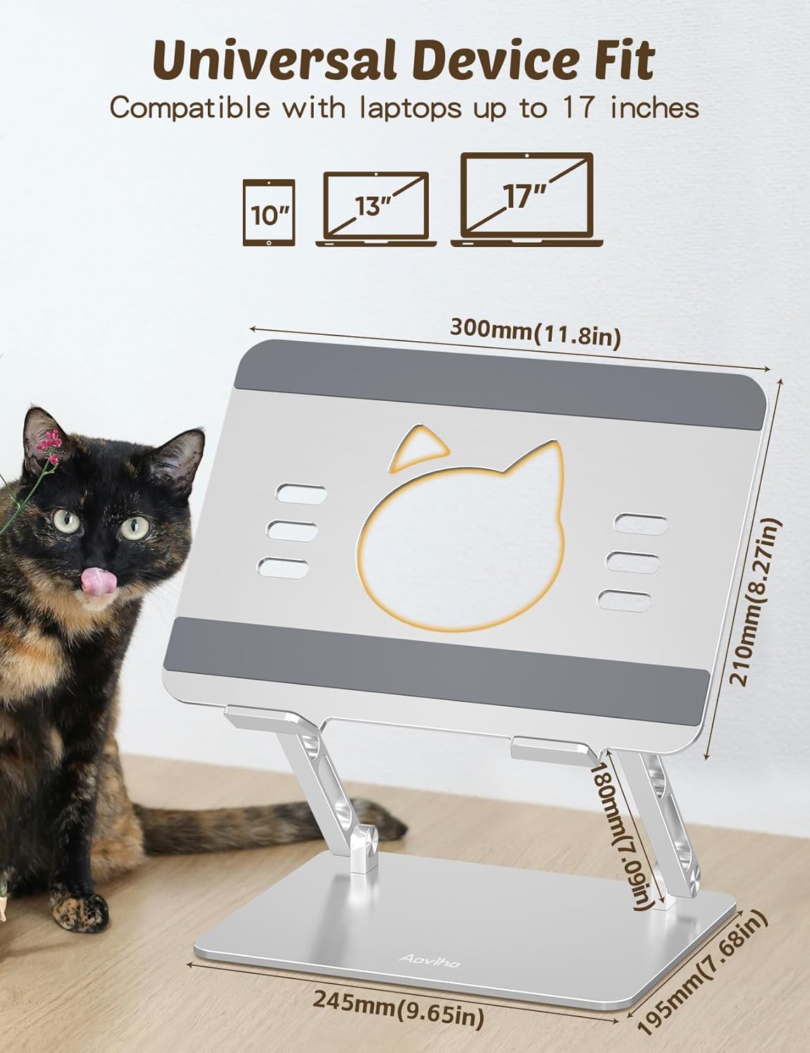 Aoviho Laptop Stand for Desk – Adjustable Aluminum Laptop Riser with Unique Cat-Shaped Cooling Vent, Portable Desk Gift & Decor, Compatible with MacBook Air Pro, Dell, HP, Lenovo (10"-17.3"), Black
