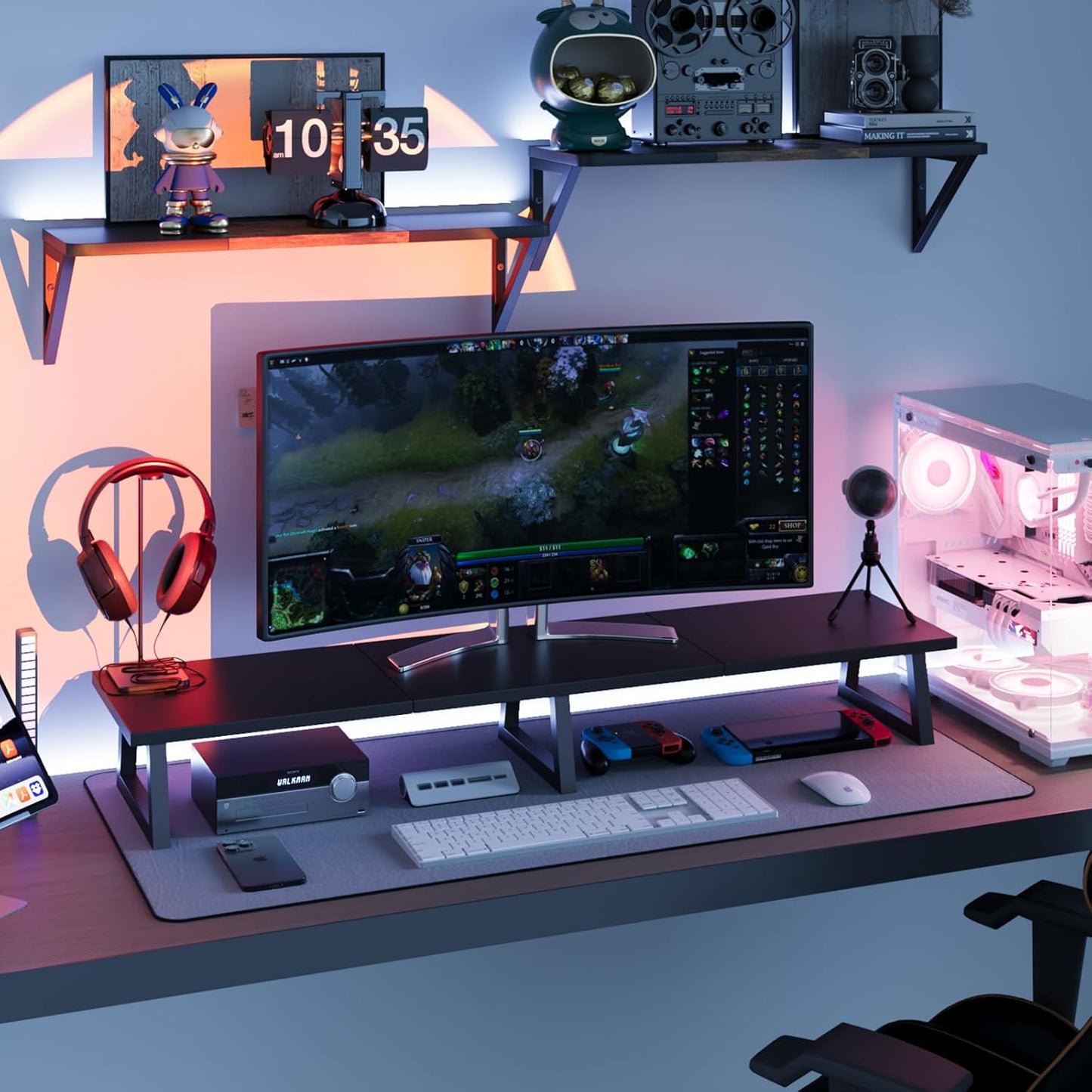 TEAMIX 42 inch Large [Dual] [Monitor] [Riser],Rustic Brown Extra Long TV [Stand Wood & Steel Desktop [Riser] with Storage for [Dual] Screen Office Desk Organization