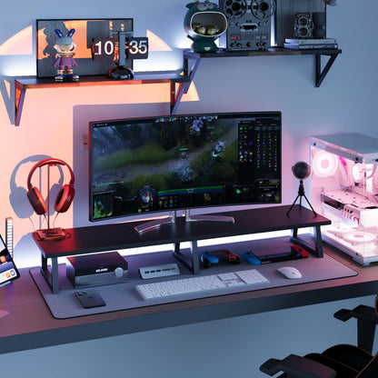 TEAMIX 42 inch Large [Dual] [Monitor] [Riser],Rustic Brown Extra Long TV [Stand Wood & Steel Desktop [Riser] with Storage for [Dual] Screen Office Desk Organization