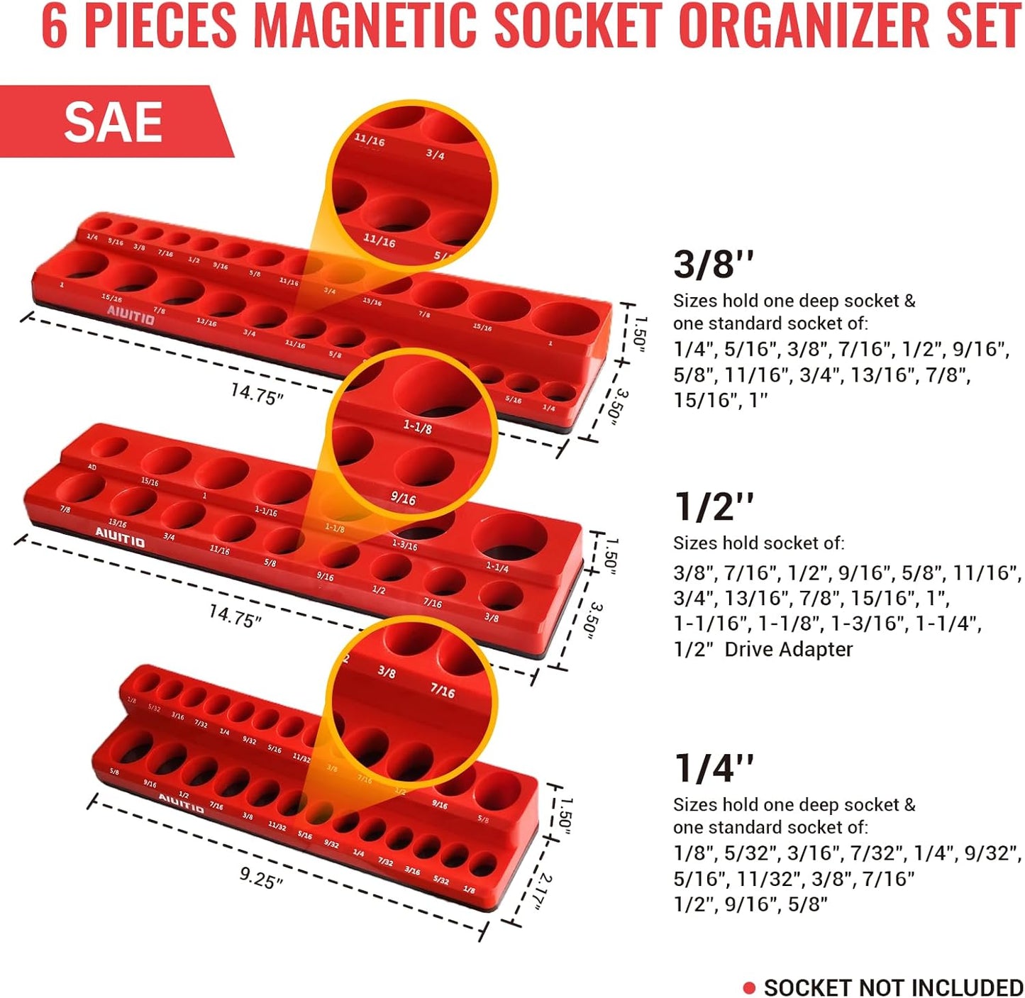 AIUITIO 6PCS Socket Organizer Tray Set, Red SAE & Black Metric Socket Storage Trays, 1/4-Inch, 3/8-Inch & 1/2-Inch Drive Deep and Shallow Socket Holders for Toolboxes
