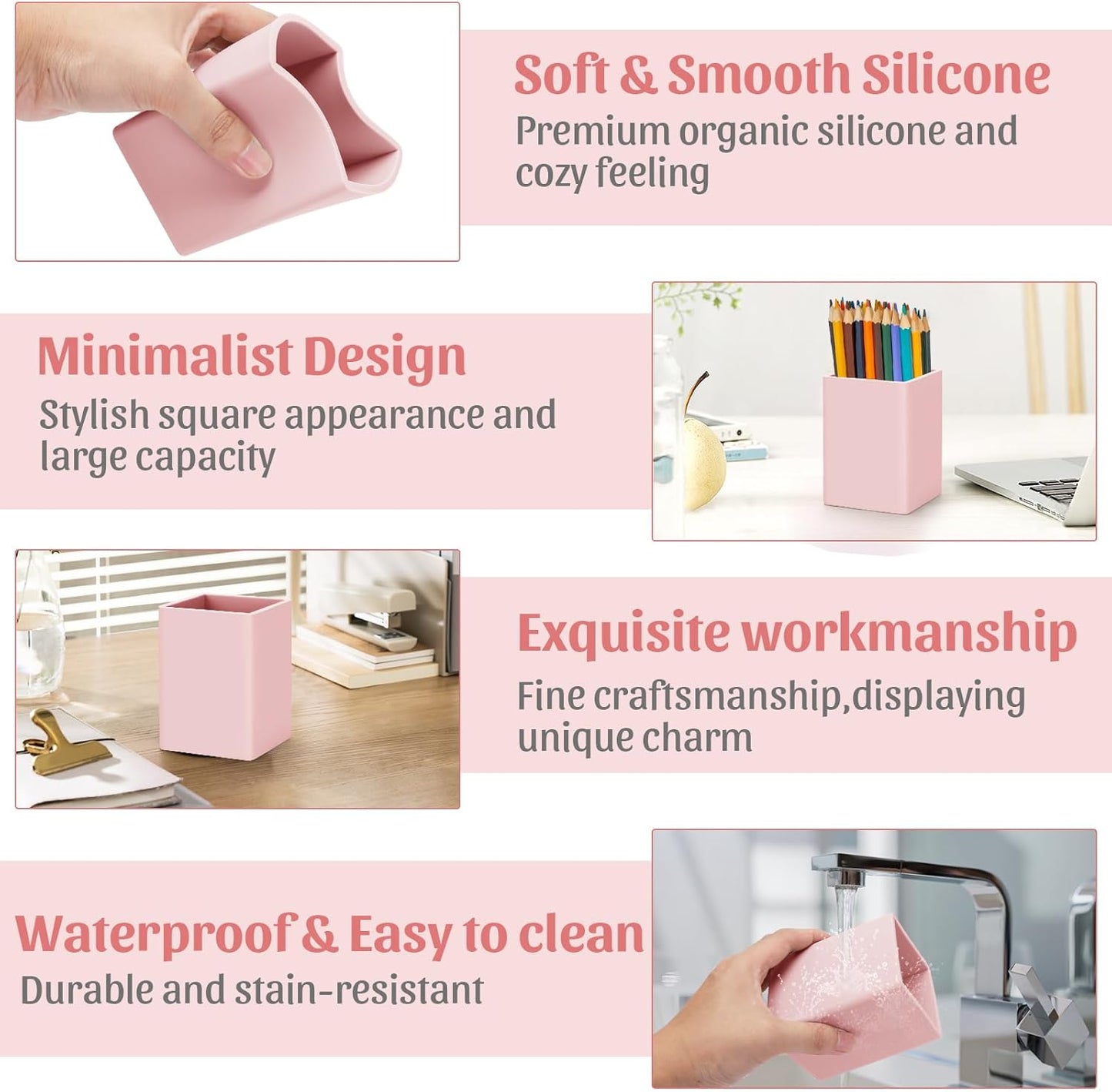 Pen Holder for Desk,Nordic Elegance Square Silicone Pencil Holder Soft Minimalist Desk Pen Cup Stand Waterproof Multifunctional Office Supplies for Home,Kids and School(Grey)