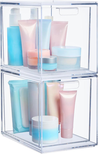 STORi Audrey Stackable Clear Bin Plastic Organizer Drawers | 2 Piece Set | Organize Cosmetics and Beauty Supplies on a Vanity | Made in USA
