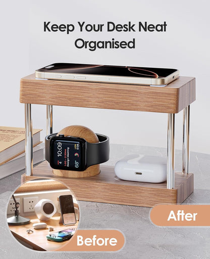 Bamboo Wireless Charging Station with Light: Ideal Gifts 4 in 1 Charging Station for Multiple Devices, Bedside Wireless Charger for iPhones 16-8/Pro/AirPods/iWatch