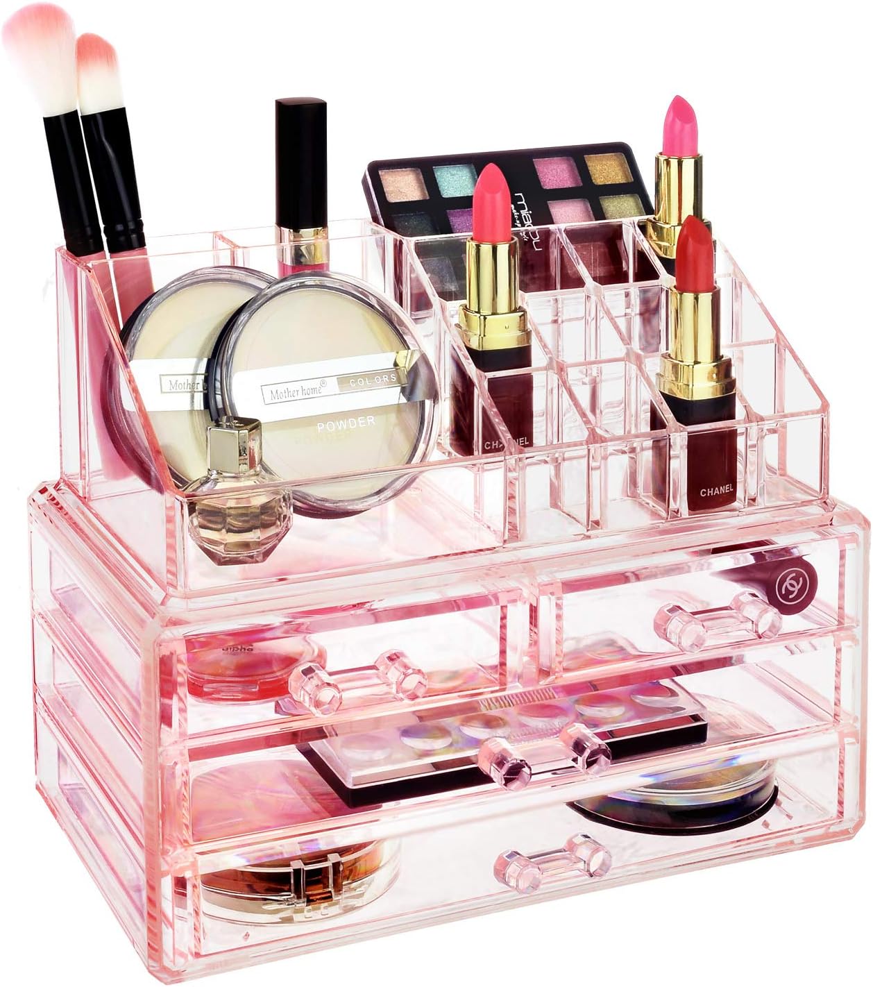 Ikee Design Acrylic Makeup Organizer with 4 Drawers and Removable Top Lipstick Holders, Ideal for Make-up or Accessories,Enhance Your Vanity or Bathroom with Clear Design for Quick Visibility