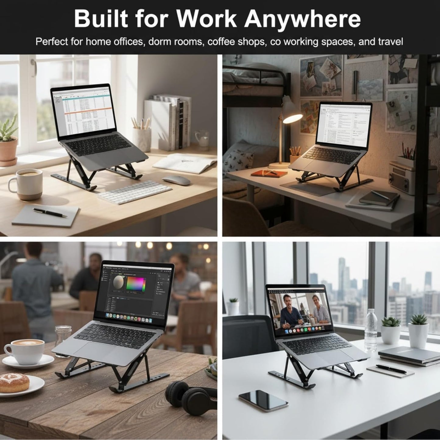 Adjustable Laptop Stand, Foldable Aluminum Laptop Riser for Desk, Portable Ergonomic Notebook Holder for 10-17 Inch Laptops, iPad & Tablet (Black,Aluminum Alloy)