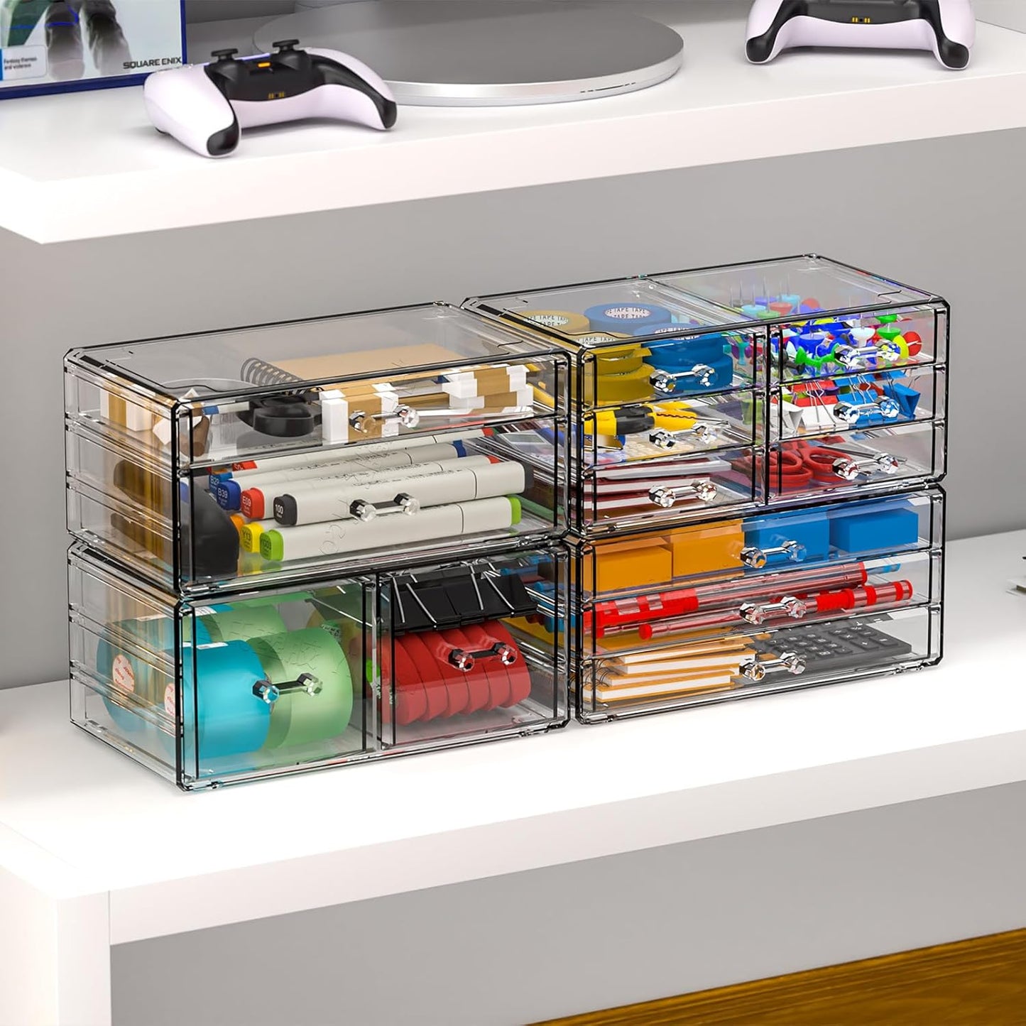 Cq acrylic 2 Pack Clear Desk Organizer With Drawers,Stackable 6 Drawers Skincare Organizer,Cute Skin Care Organizers for Vanity Hair Clip,Jewelry,Beauty Product Desk and Makeup Organizers Countertop