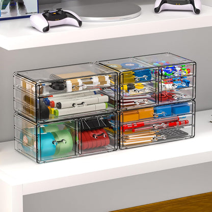 Cq acrylic 2 Pack Clear Desk Organizer With Drawers,Stackable 6 Drawers Skincare Organizer,Cute Skin Care Organizers for Vanity Hair Clip,Jewelry,Beauty Product Desk and Makeup Organizers Countertop