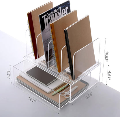 HeZone Desk Organizers and Accessories, Acrylic Desk Organizer with Drawer, Office Supplies Organization Storage, Clear Acrylic File Organizer for Desk - 1 Pack